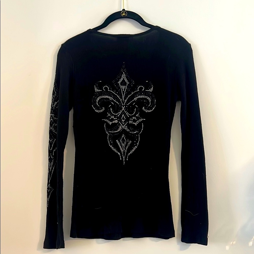 Vocal Black V-Neck Tee with Rhinestone Designs Size S - Picture 2 of 9